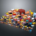 Scenery of Colorful Animal Models Including Elephant Giraffe Arranged in Hill Shape Against Gray Background