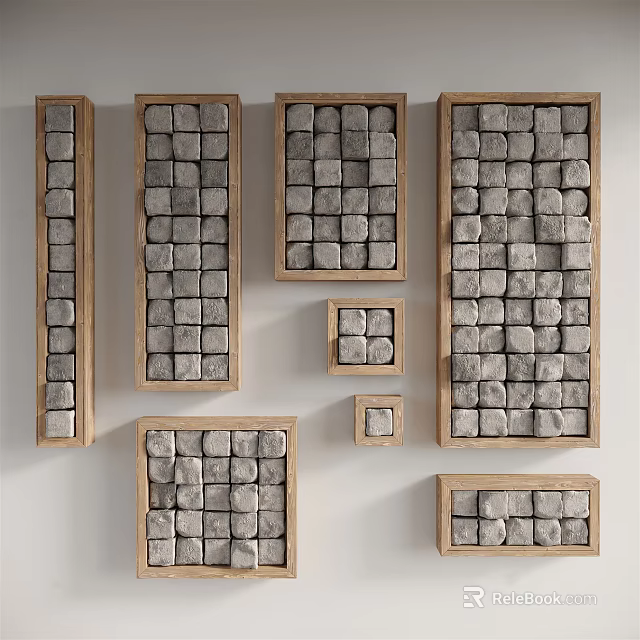 Modern Wall Decor With Wooden Frames And Gray Cubes In Various Sizes 3d model
