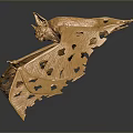 Golden Bat Sculpture Featuring Spread Wings and Intricate Hollow Patterns on Dark Background