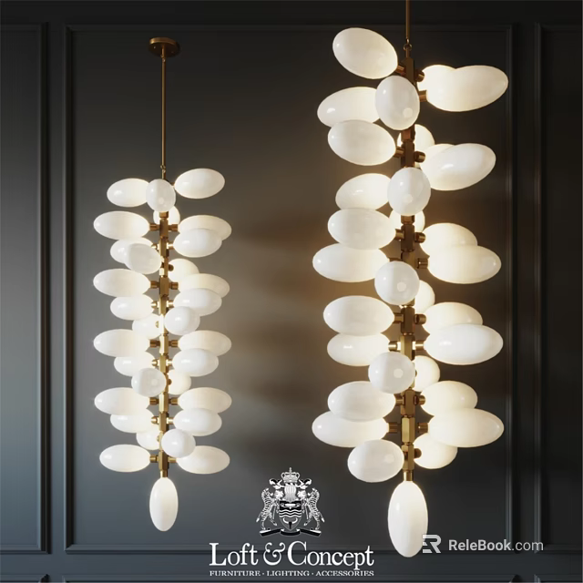 Modern Chandeliers With White Oval Shades And Golden Metal Frame Hanging On Dark Wall 3d model 