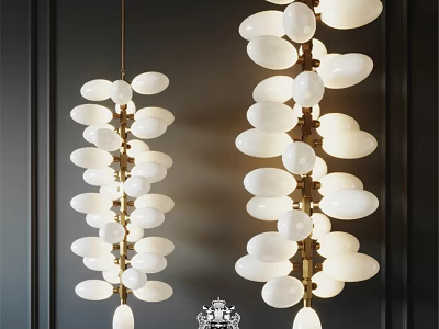 Modern Chandeliers With White Oval Shades And Golden Metal Frame Hanging On Dark Wall 3d model