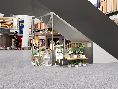 Modern Shopping Mall Flower Shop With Green Plants Display Shelves And Decorations 3d model