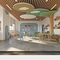Kindergarten Interior Learning Space with Wooden Ceiling Colorful Furniture Green Decorations and TV Screen