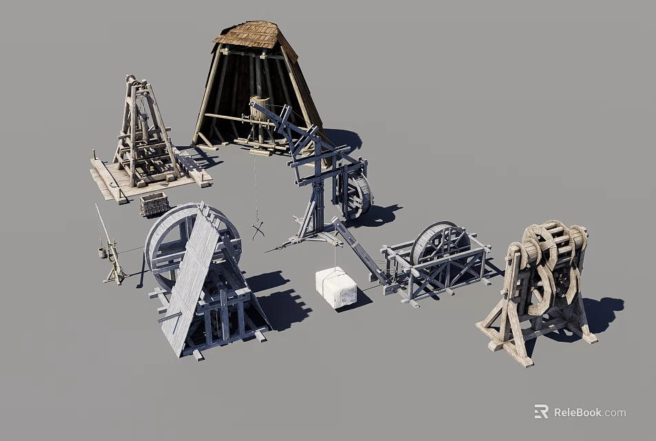 Ancient Mechanical Devices Collection Featuring Catapult Winch Pulley And Vintage Structures 3d model 