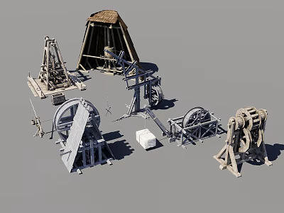 Ancient Mechanical Devices Collection Featuring Catapult Winch Pulley And Vintage Structures 3d model