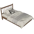Single Bed with Wooden Headboard and Patterned Bedspread and Pillows 3d model