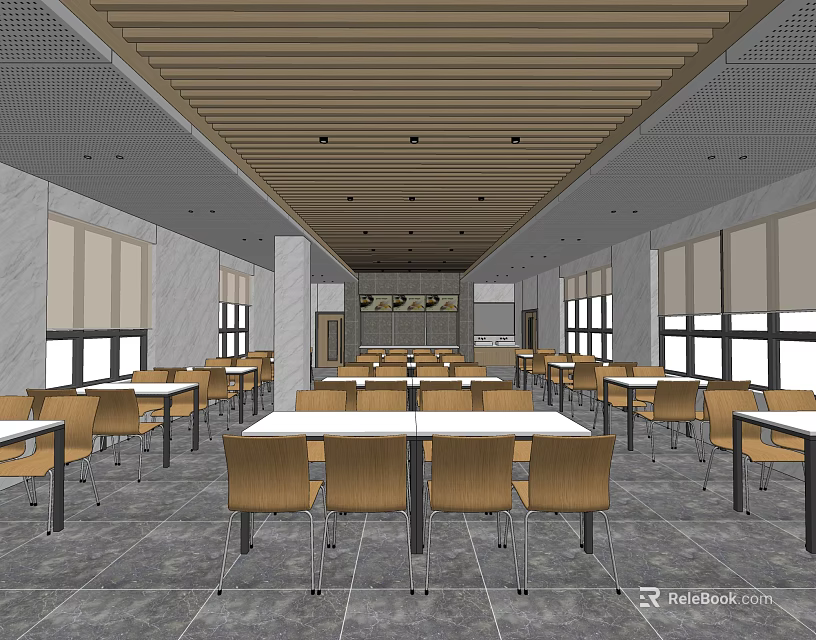 Spacious Restaurant Interior With Wooden Ceiling Large Windows And Dining Tables 3d model