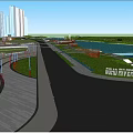 Tranquil Waterfront Landscape Featuring Green Trees White Benches Paved Square And Distant Tall Buildings