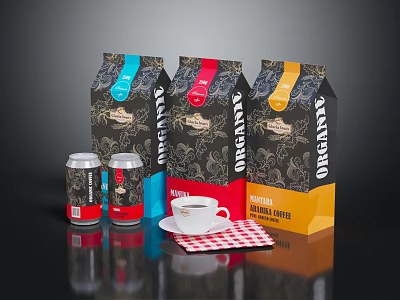 Original Premium Coffee Products With Colorful Packaging Cans Cup And Napkin 3d model