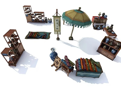 Traditional Chinese Decorative Ornaments With Wooden Shelves Umbrella Vase Scrolls And Fabric Rolls 3d model