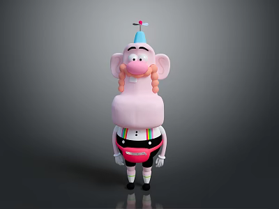 Pink Game Movie Character With Big Ears Blue Hat Curly Hair And Colorful Suspenders 3d model