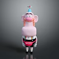 Pink Game Movie Character With Big Ears Blue Hat Curly Hair And Colorful Suspenders