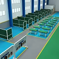 Spacious Factory Interior With High Ceiling Windows Blue Green Floors Yellow Accents And Machinery