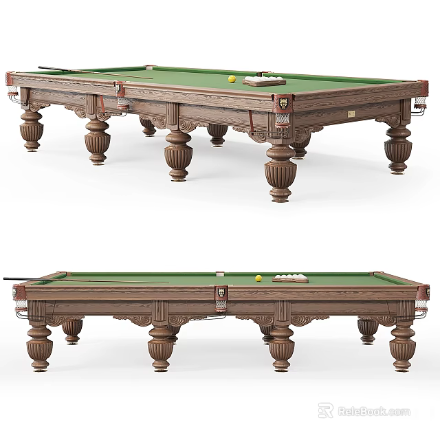 Classic Billiard Table Sports Equipment With Green Felt Surface And Carved Wooden Legs 3d model 
