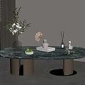 Modern Oval Marble Coffee Table With Gold Cylindrical Bases And Decorative Vase Plants Books