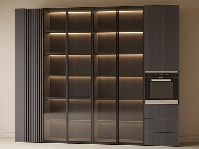 Modern Wine Cabinet Interior Design With LED Strip Lighting Glass Doors And Dark Wooden Frame 3d model