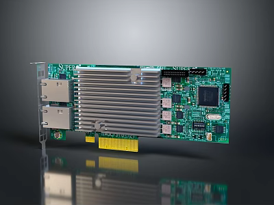 Green Circuit Board Computer Expansion Card With Dual Ports Heat Sink And PCIe Slot 3d model