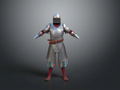 Medieval Knight Armor With Metallic Chainmail Helmet Red Lining And Colorful Accents 3d model