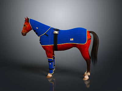 Brown Horse In Blue Blanket With Leg Wraps Yellow Trim And Straps 3d model