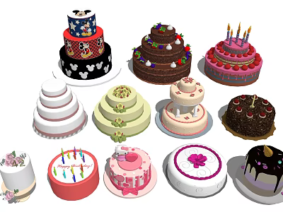 Various Decorated Cakes With Different Styles Layered Designs Flowers And Colorful Candles 3d model