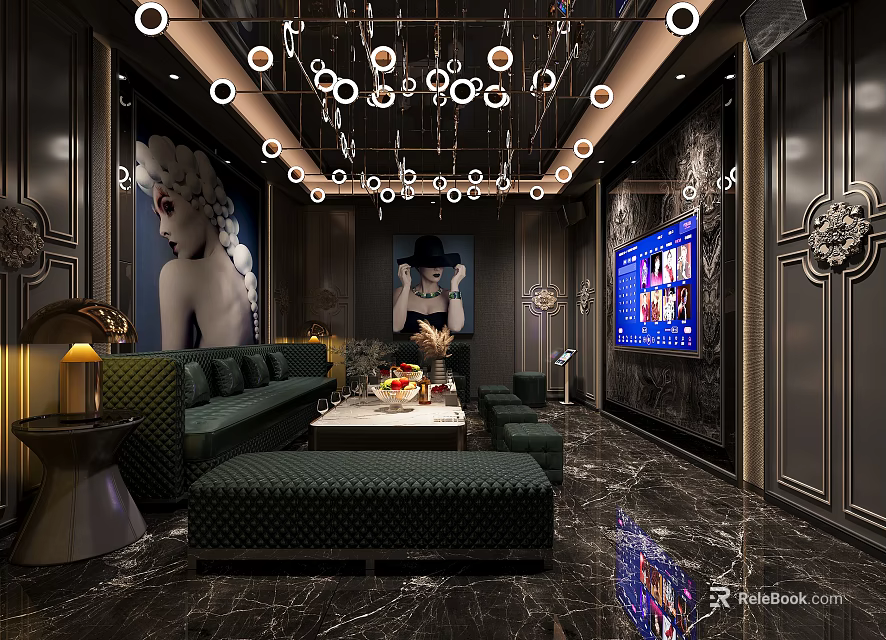 Luxurious KTV Interior With Comfortable Sofas Large Screen TV And Modern Chandeliers 3d model