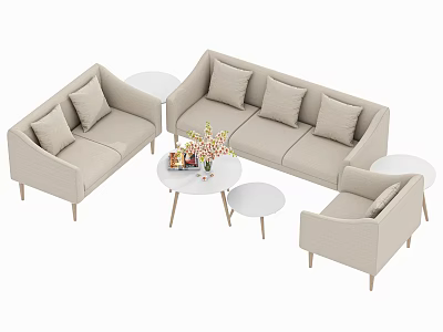 Light Beige Modern Sofa and Coffee Table Set with Round Tables and Floral Centerpieces 3d model
