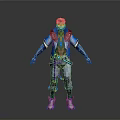 Futuristic Masked Character In Blue Purple Combat Outfit With White Hair
