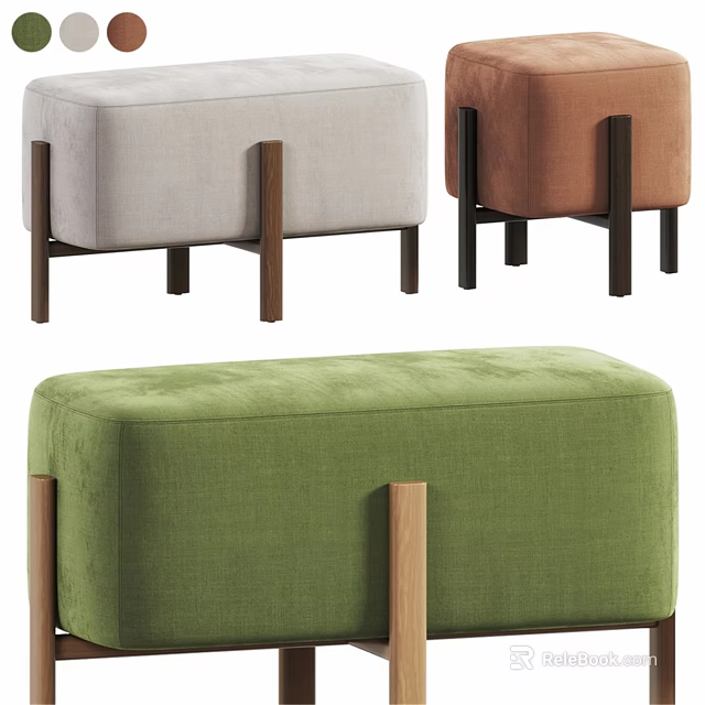 Modern Upholstered Ottoman With Wooden Legs In Green Brown And Light Gray 3d model 
