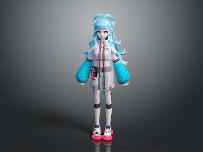 Game and Movie Character With Blue Green Long Hair White Blue Outfit And Pink Shoes 3d model