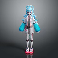 Game and Movie Character With Blue Green Long Hair White Blue Outfit And Pink Shoes