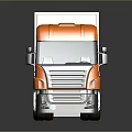 Orange Cab Truck With Long White Trailer And Multiple Wheels On Dark Reflective Surface