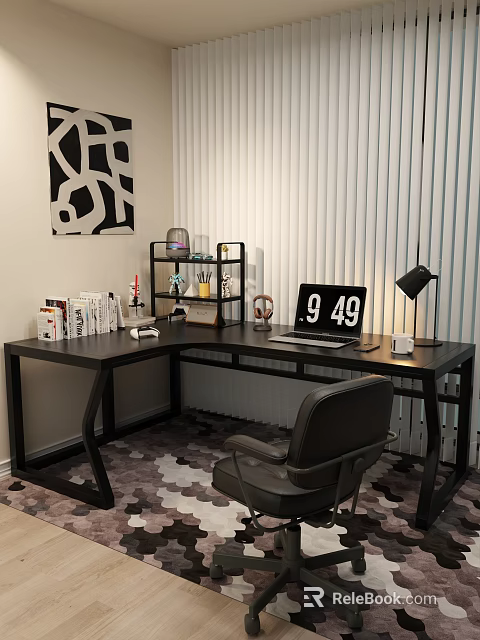 Black L Shaped Office Desk With Laptop Desk Lamp Books And Office Chair Near Blinds 3d model 