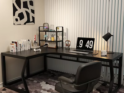 Black L Shaped Office Desk With Laptop Desk Lamp Books And Office Chair Near Blinds 3d model