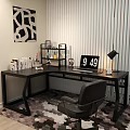 Black L Shaped Office Desk With Laptop Desk Lamp Books And Office Chair Near Blinds