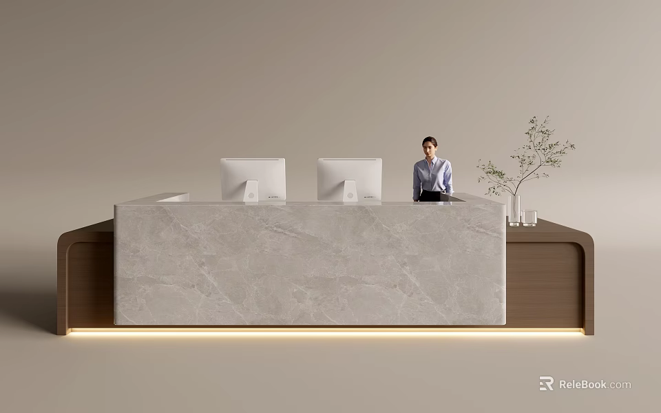 Modern Front Desk With Marble Countertop Two Computer Monitors And Receptionist 3d model