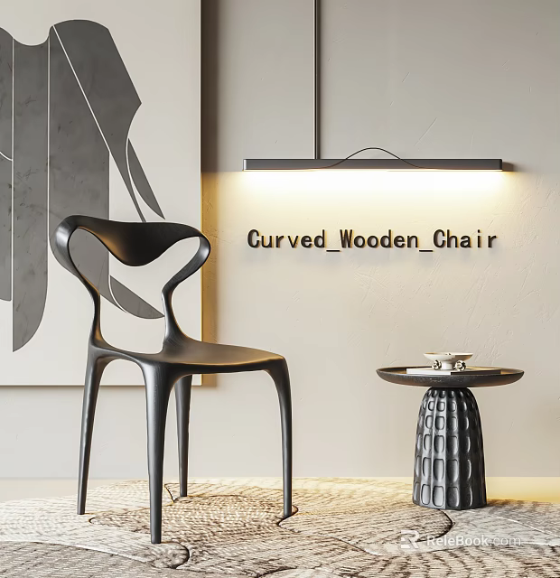 Curved Wooden Single Chair With Minimalist Wall Art And Small Side Table 3d model 