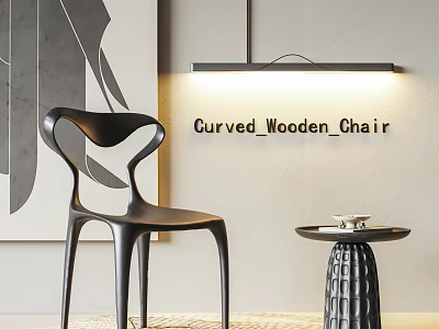 Curved Wooden Single Chair With Minimalist Wall Art And Small Side Table 3d model
