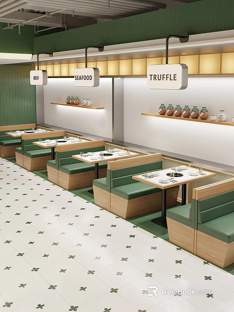 Seafood Truffle Restaurant With Green Booths Wooden Tables And Cozy Interior 3d model 
