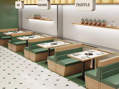 Seafood Truffle Restaurant With Green Booths Wooden Tables And Cozy Interior 3d model