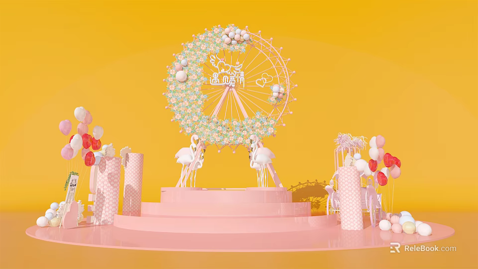 Vibrant Ferris Wheel Decoration With Pink Stage Balloons Cranes And Yellow Background 3d model 