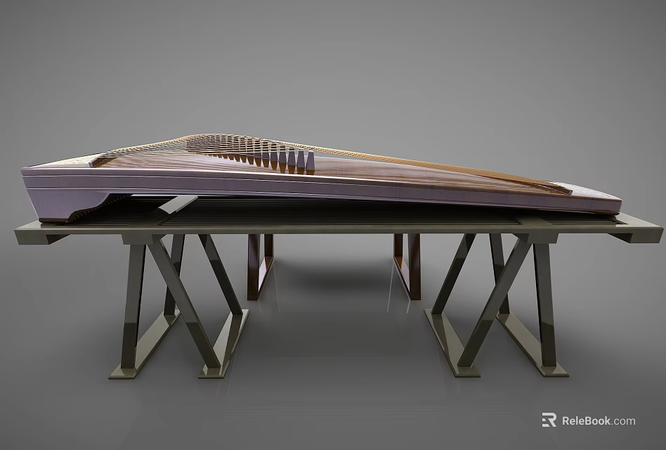 Classical Wooden Guzheng Musical Instrument Placed on Metal Stand Table 3d model 