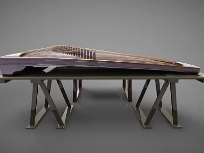 Classical Wooden Guzheng Musical Instrument Placed on Metal Stand Table 3d model