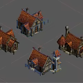 Cartoon Village Scene With Small Houses Red Roofs Chimneys And Windows