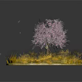 Blooming Pink Flowering Tree On Small Island With Yellow Grass And Falling Petals