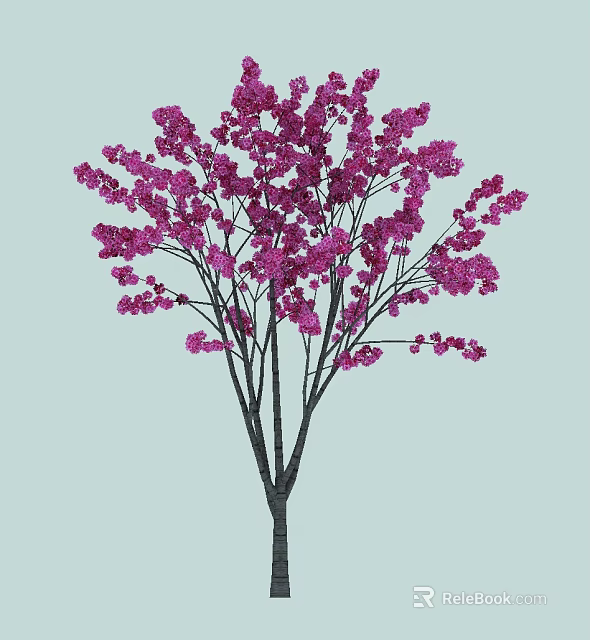Beautiful Tree With Pink Flowers And Many Branches Dense Blooms Light Blue Background 3d model 