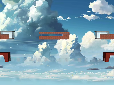Red Brick Entrance Gates With Connected Platforms Under Blue Sky And White Clouds 3d model