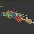 Mechanical Weapon 3D Design With Green Orange Gray Wheel Structure And Handle