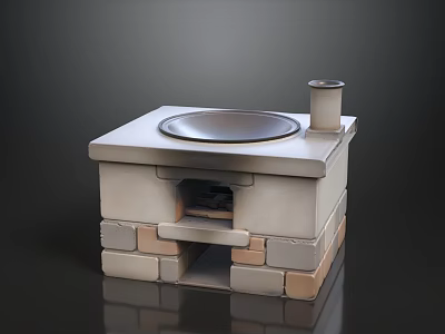 Stone Built Stove With Circular Cooking Pot And Chimney On Gray Background 3d model