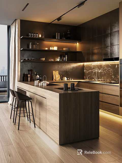 Modern Open Kitchen Interior Design With Marble Backsplash Black Cabinets Island Counter And Barstools 3d model 