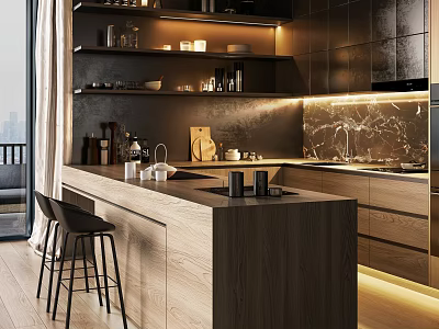 Modern Open Kitchen Interior Design With Marble Backsplash Black Cabinets Island Counter And Barstools 3d model